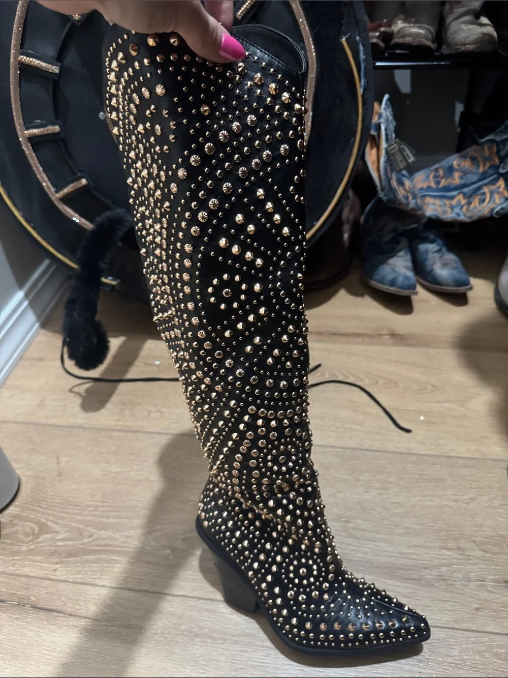 Studded Black Over-the-Knee Boot with Gold Accents